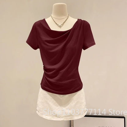 Summer Off Shoulder Top Women Summer Fashion Versatile Base Shirt Plus Size Slim Fit Short-sleeved T-shirt Casual and Sexy Beach