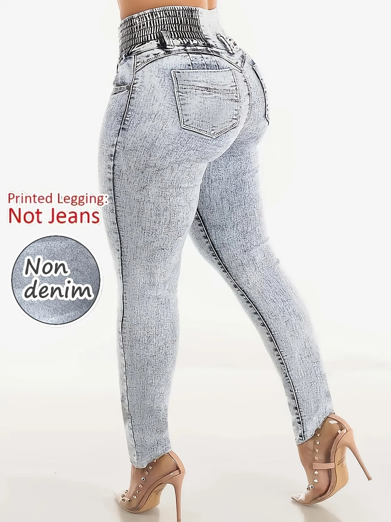 Women's Imitation Denim Printed Leggings, Non-Denim Fabric Casual Skinny Pants, Outdoor Sports Yoga Pants