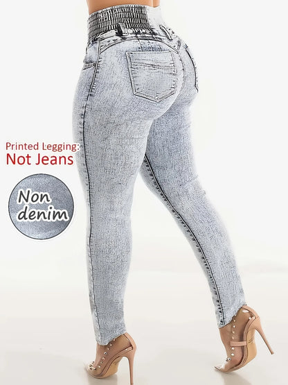 Women's Imitation Denim Printed Leggings, Non-Denim Fabric Casual Skinny Pants, Outdoor Sports Yoga Pants