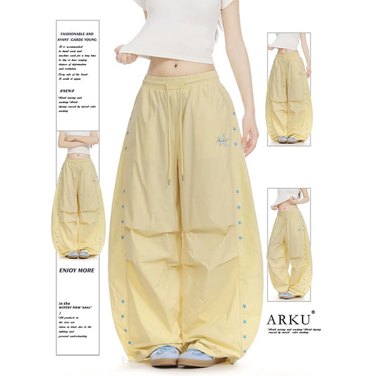 YIBASHU Yellow Baggy Parachute Pants Y2k Vintage Sweatpants Cargo Pants Harajuku Japanese 2000s Style Trousers Clothes Summer