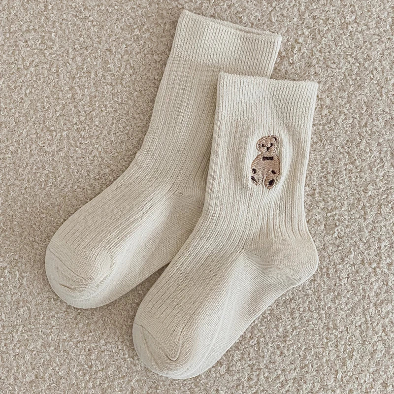 1 Pairs Cotton Kids Socks Korean Retro Style Bear Embroidery Girls Boy Toddler Knitted Socks Warmth Tube Socks For 1-9 Year