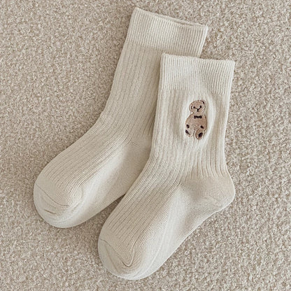 1 Pairs Cotton Kids Socks Korean Retro Style Bear Embroidery Girls Boy Toddler Knitted Socks Warmth Tube Socks For 1-9 Year
