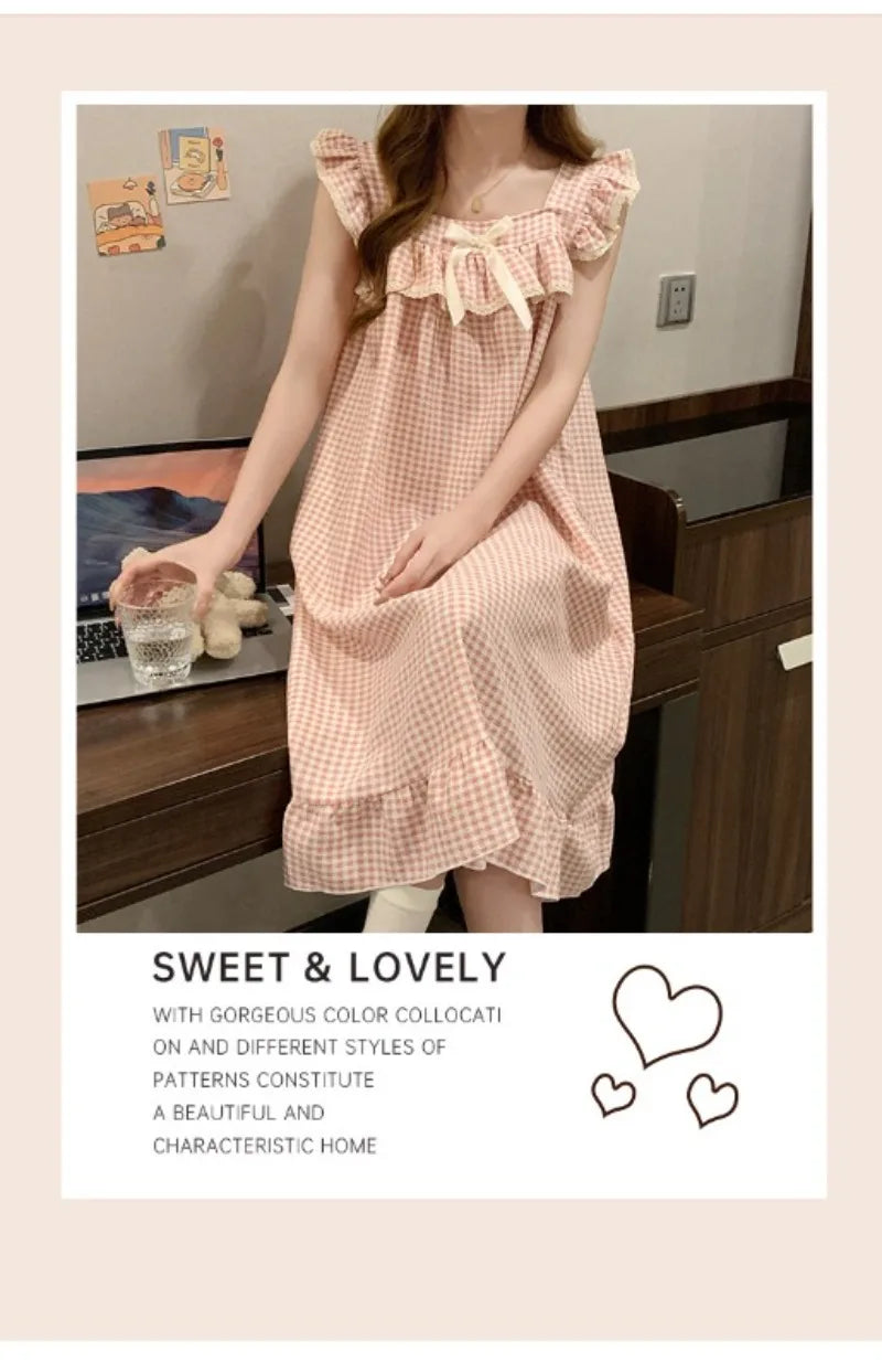 Women Korean Sweet Plaid Bow Design Nightgown with Straps Sleep Dress Cute Summer New Loungewear Y2K Nightgown with Built-in Bra