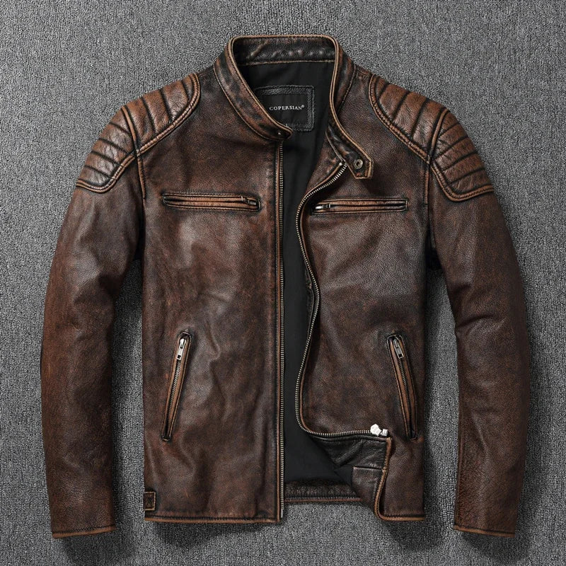 Mens Cowhide Leather Motorcycle Jacket - Plus Size Autumn Winter Stand Collar - ZOOMNSTORE