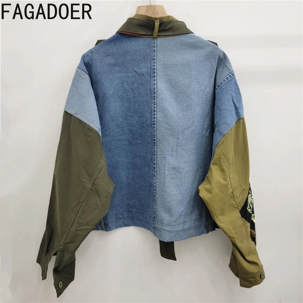 FAGADOER Retro Letter Printing Jacket Women Streetwear Green Cargo Pocket Denim Patchwork Fashion Coat Female Clothing 2025 New