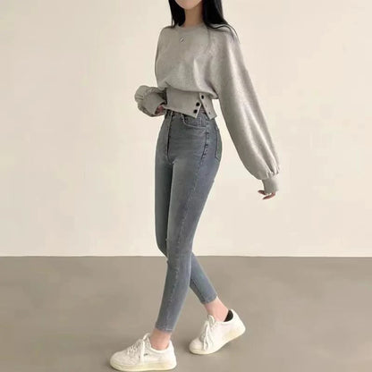 Autumn Women Solid O-Neck Slim Crop Top Lantern Sleeve With Button  Sweat Casual Hip-Hop Sporty Pullover Sweet Chic Street Wear
