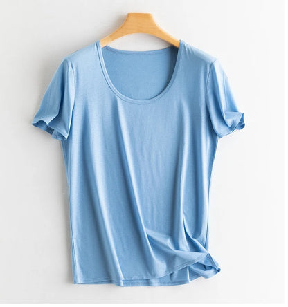 Women's V-Neck T-Shirt – Silk-Linen-Cotton Solid Summer Tee