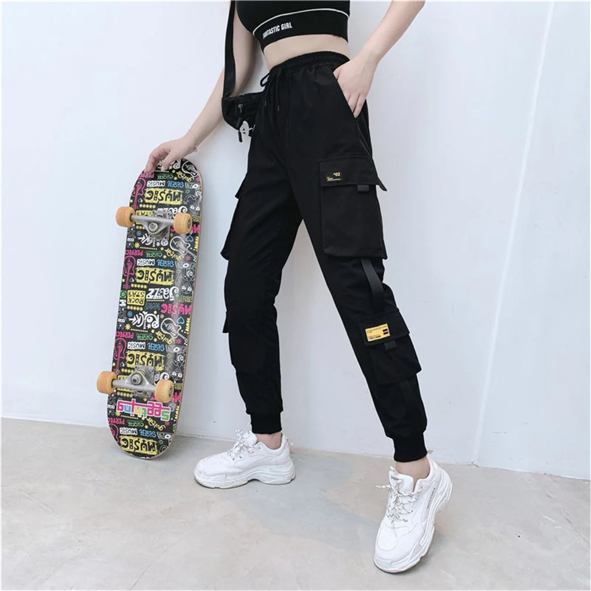 Black Cargo Pants Women Casual Joggers High Waist Loose Female Hip Hop Trousers Korean Punk Pants Funny Capri Streetwear Femme