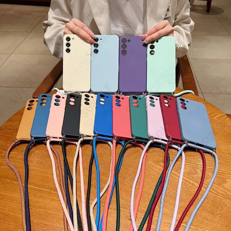 Crossbody Lanyard Soft Case For Samsung Galaxy S23 FE S25 Edge S26 S24 Ultra A17 A57 A37 A55 A56 A16 5G Liquid Silicone Cover