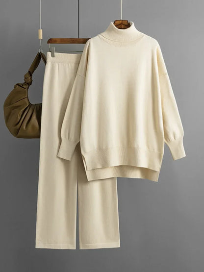 Women's Two Piece Set Autumn Winter High Collar Slit Knitted Sweater Pullover Fashion Casual Loose High Waist Pant Ensemble