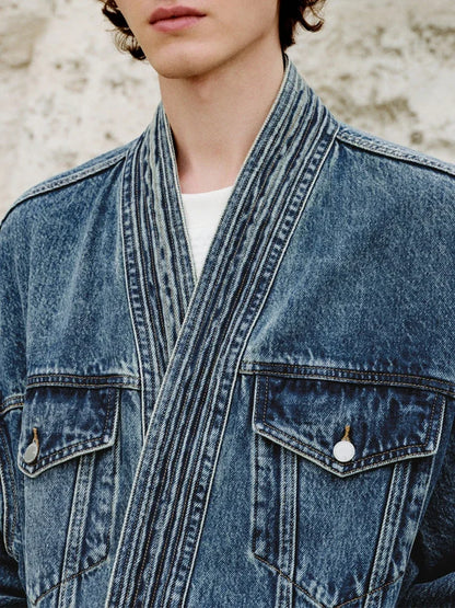 2025 Spring Stylish Denim Jackets for Mens Streetwear Fashion Irregular Wrap V Neck Jean Cardigan Men Vintage Lace-up Jean Coat