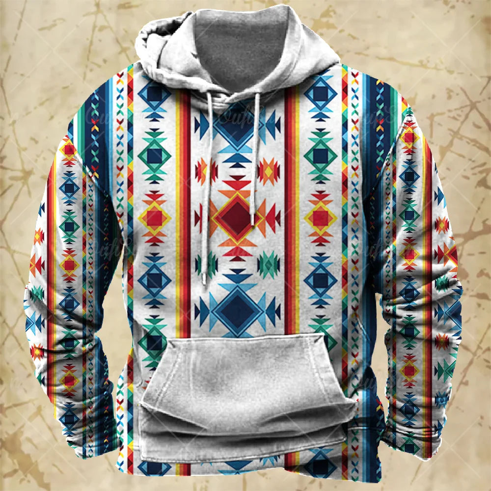 Men Hooded Vintage Print  Sweatshirt Ethnic Style Hoodie Autumn and Winter Oversized Casual Men's Clothing Daily Street Pullover