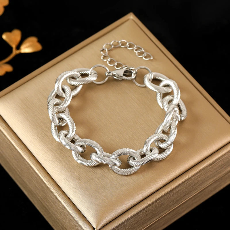 EILIECK 316L Stainless Steel Silver Color Thick Link Chain Necklace Bracelet Set For Women Men New Trendy Metal Jewelry Bijoux