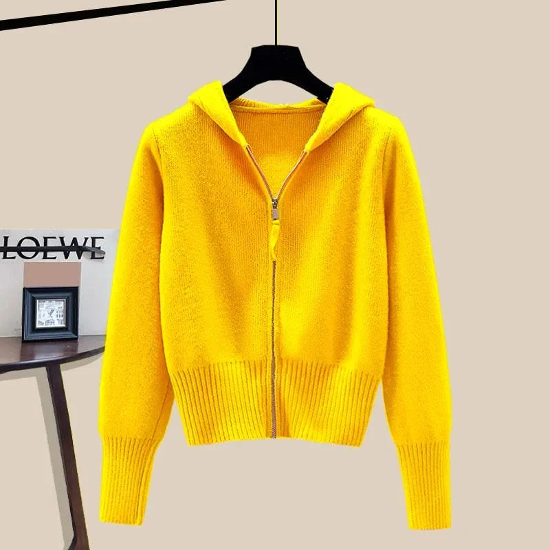 Women Autumn Winter Long Sleeved Double Zipper Soft Waxy Cardigan Sweater With Hat Design Feeling Top Female Hooded Sweater Coat