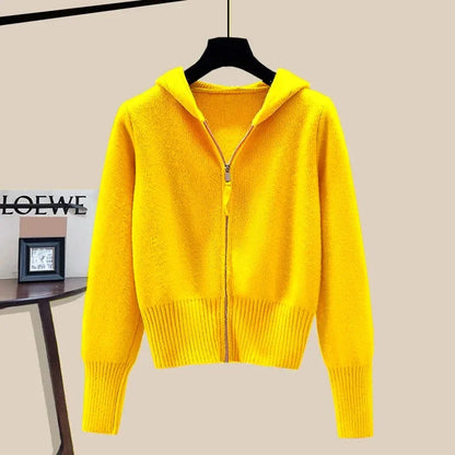 Women Autumn Winter Long Sleeved Double Zipper Soft Waxy Cardigan Sweater With Hat Design Feeling Top Female Hooded Sweater Coat