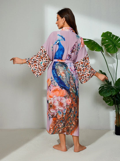 Peocock Printed Beach Cover Ups Kimono Summer Self Belted Women Wrap Dresses Bohemian Dresses Holiday Bathing Suits