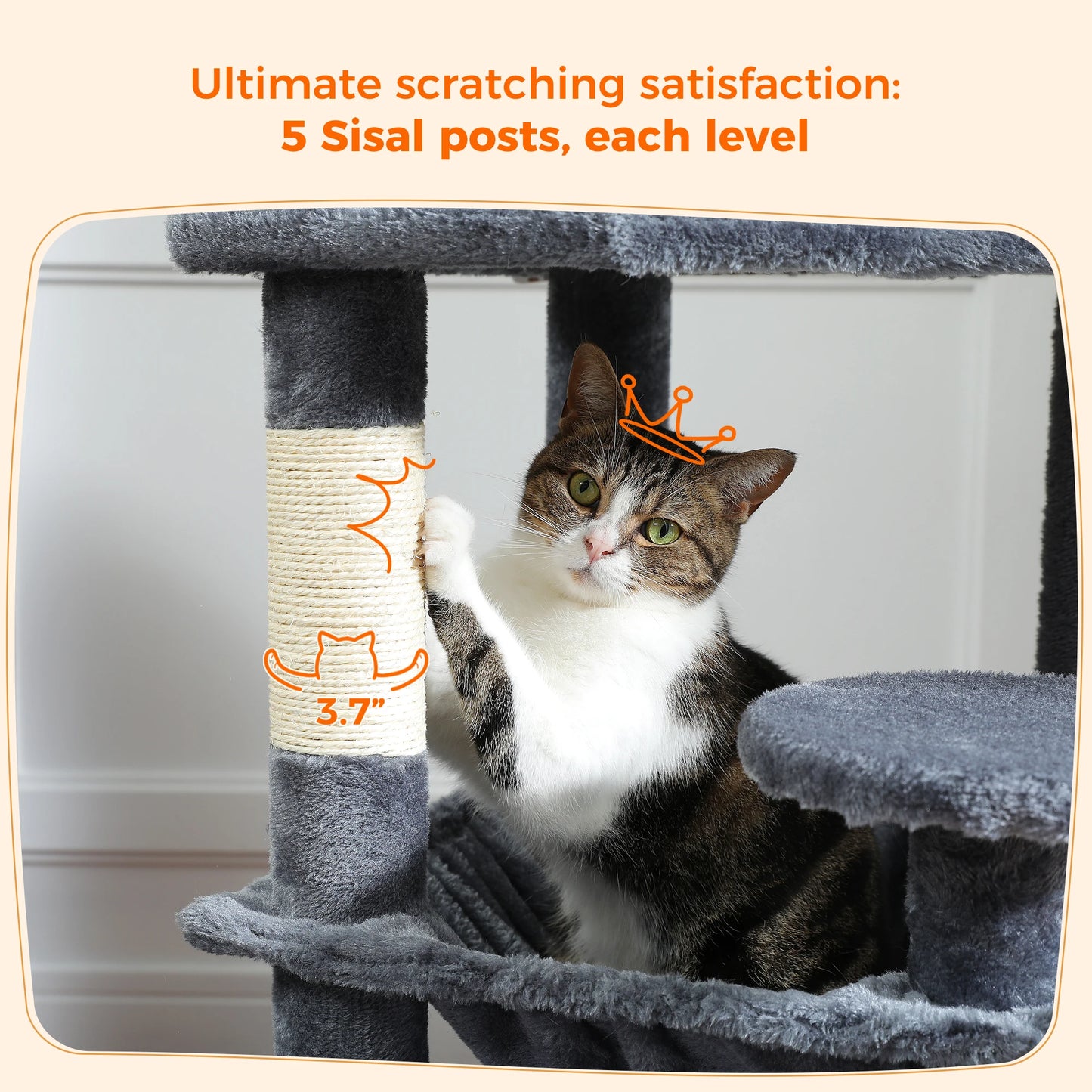 Large Cat Tree - Multi Level Indoor Cat Tower With Sisal Covered Posts & Spacious Condo