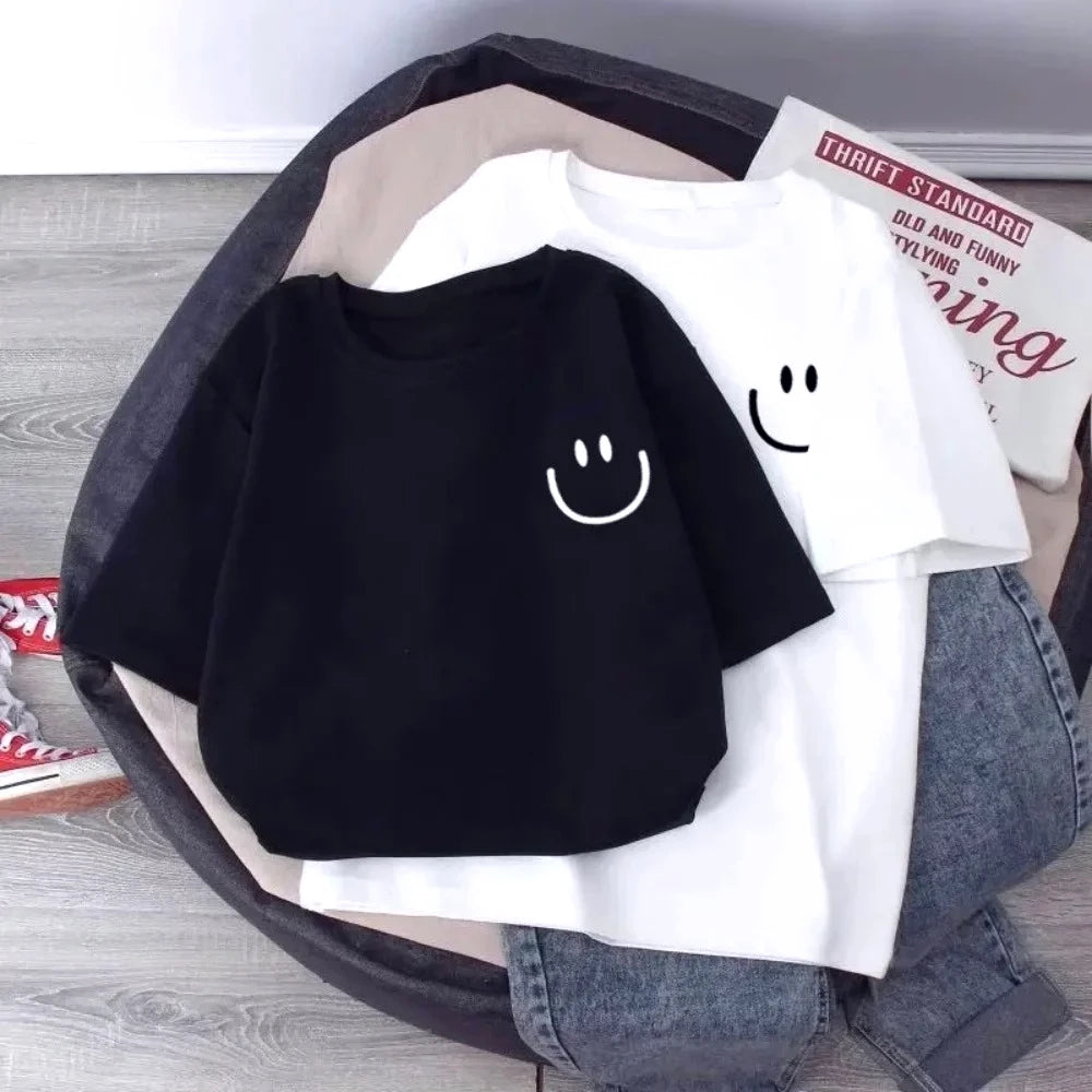 Girls Smiling Face T-Shirt Soft Cotton Loose Fit Kids Tees Summer Kawaii Casual Short Sleeve Top