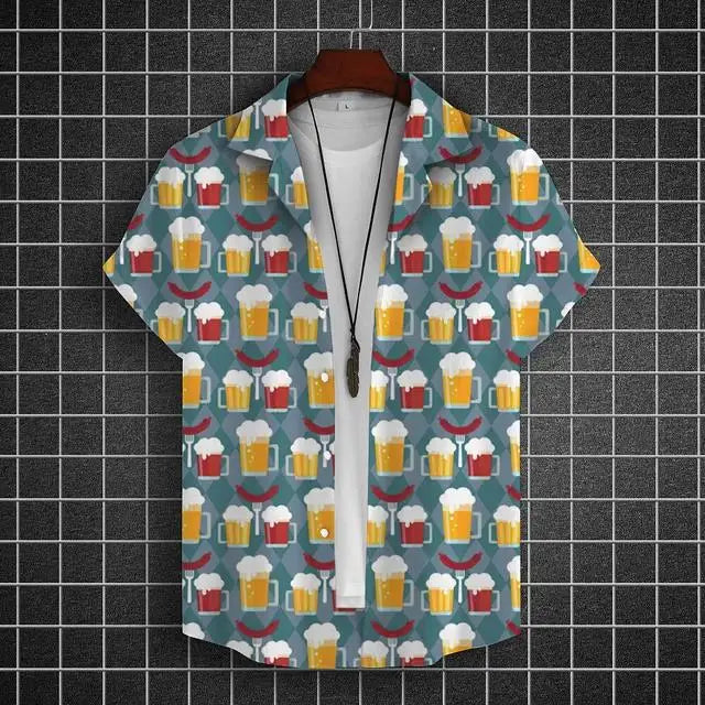 Hawaiian Shirt For Men 3d Beer Printed Short Sleeve Shirts Party Tees Summer Casual Tops Loose Oversized Clothing
