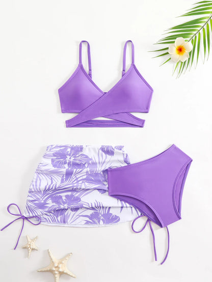 3pcs Swimming Suit for Girls Summer Beach Dress Swimsuit Tie-dye Printed Skirted Bikini Set Kids Bathing Suit
