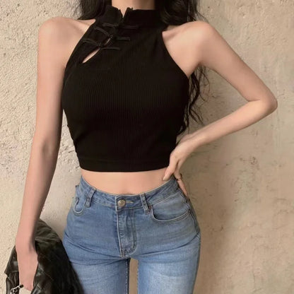 ITOOLIN Elegant Women Chinese Button Tank Tops With Bra Pad O-Neck  Sleeveless Tank Tops For Women Sexy Crop Tops All-Match 2024
