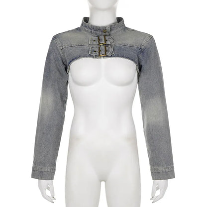 Women Fashion Denim Jacket Y2K Aesthetic Vintage Sexy Crop Tops Coat Japanese Harajuku Streetwear Female Spring Summer Outerwear