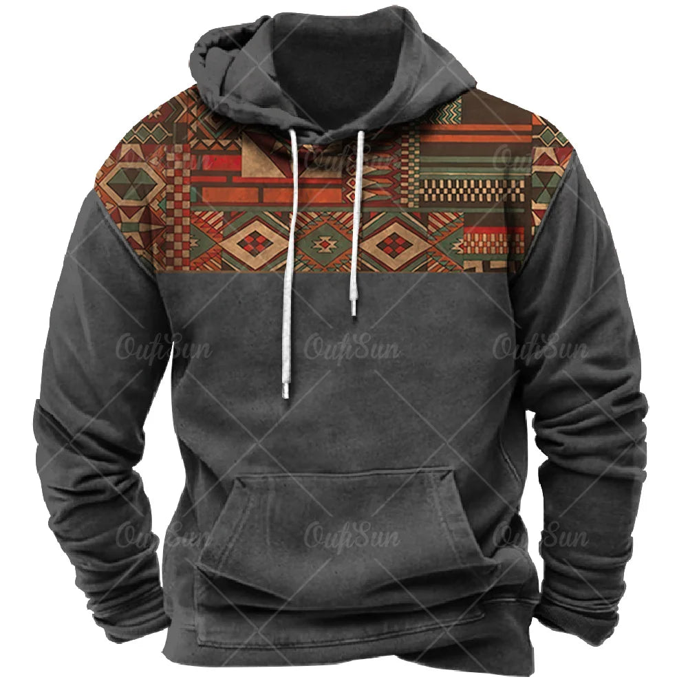 Men Hooded Vintage Print  Sweatshirt Ethnic Style Hoodie Autumn and Winter Oversized Casual Men's Clothing Daily Street Pullover