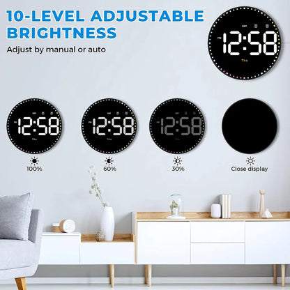 LED Wall Clock with Remote Control - Dual Alarms Calendar  Temperature Display Adjustable Brightness for Home Decor