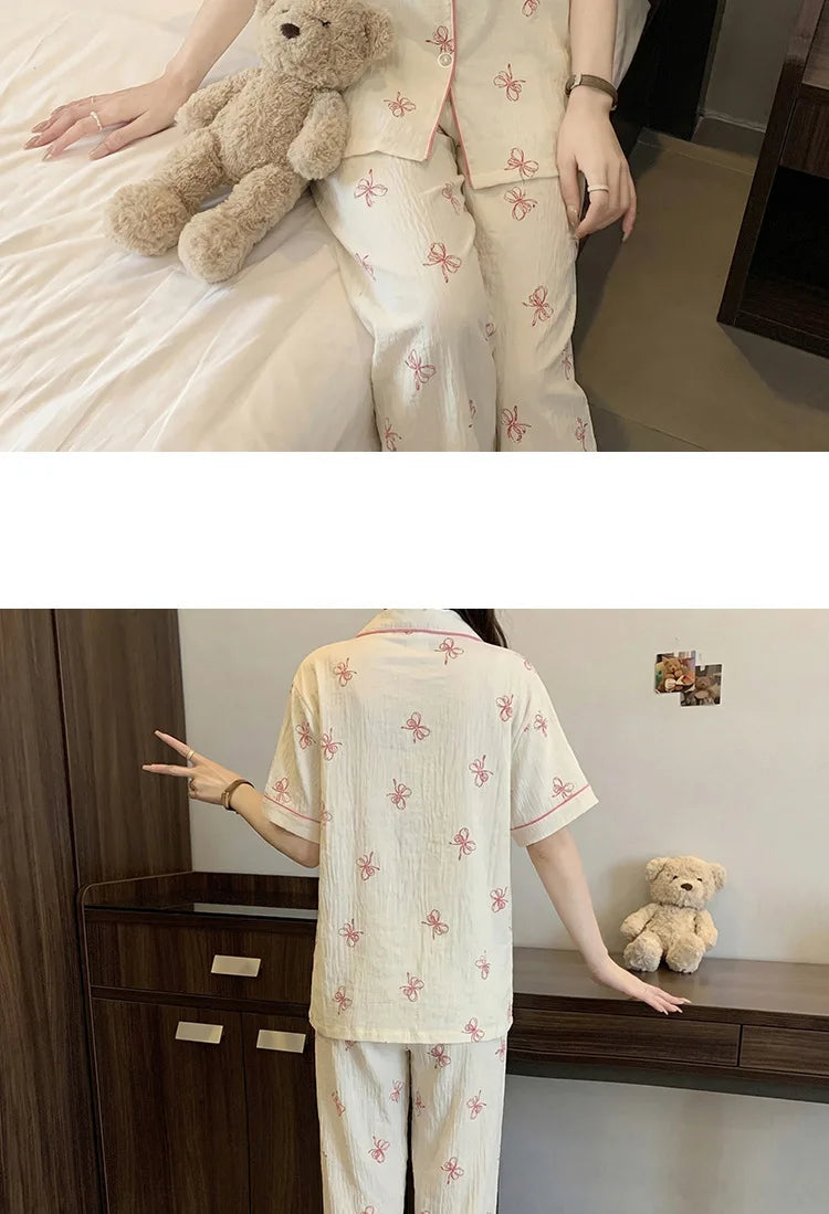 French-Style Sweet Bow Pajamas for Women: Summer Short-Sleeve Long-Pants Set with Cloud-Print, Soft and Cozy Cotton Loungewear