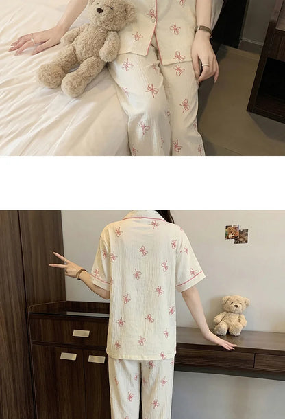French-Style Sweet Bow Pajamas for Women: Summer Short-Sleeve Long-Pants Set with Cloud-Print, Soft and Cozy Cotton Loungewear
