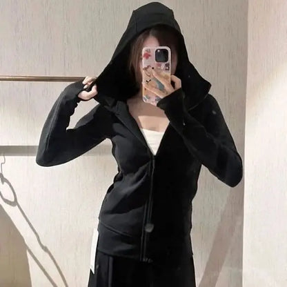 Streetwear Black Hoodie Coat 2025 Women's Clothing Hooded Zipper Slim Fit Y2k Jackets Casual Fashion Sweatshirts Tops Ropa Mujer