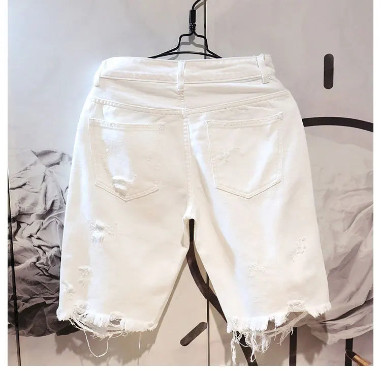 Men's Ripped Denim Shorts - Cropped Tattered White Casual Jeans With Zipper Fly Closure