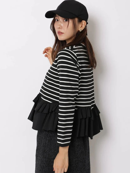 Fashionable Stripe Knitted Sweater Loose Fit Color Block Neckline Long Sleeve Women's Autumn Winter Casual Style Breathable