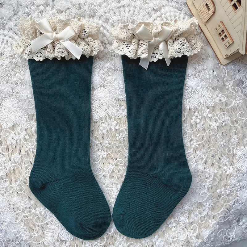 New Winter Autumn Baby Girls Knee High Socks Lace  Ruffle Long Sock Cotton Kids Toddlers Princess Christma Socken For 0-5Years