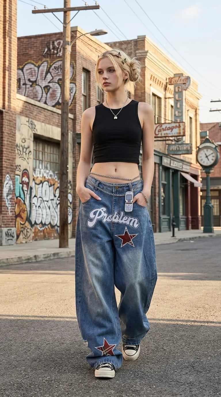 Women Vintage Plaid Star Patch Wide Leg Jeans Y2K Letter Embroidery Baggy Denim Pants Hip Hop Streetwear Loose Trousers
