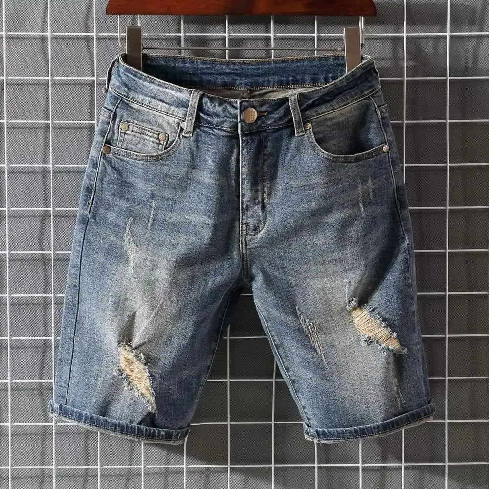 Men's Denim Shorts – Summer Embroidered Knee Length Casual Straight Fit Jeans