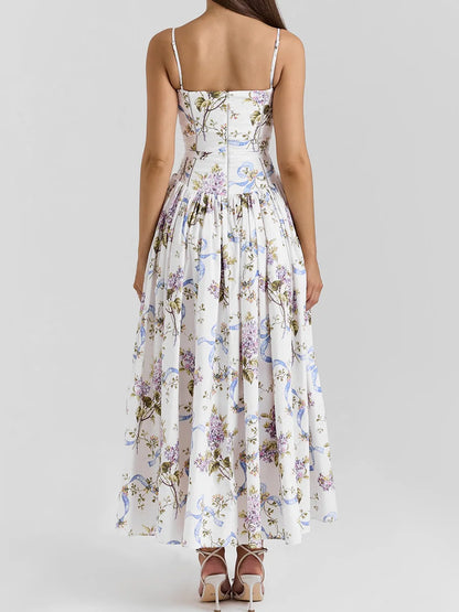 Summer Midi Dress - Women's Floral Print Elegant Camisole Fit and Flare Holiday Dress