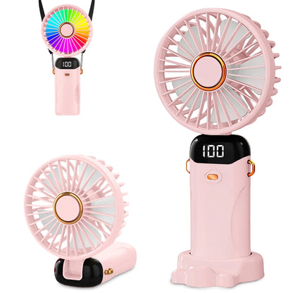 USB Rechargeable Handheld Fan 1200mAh 6 Speeds Foldable LED Light Blade Portable Mini Fan Personal Cooler for Home Gift