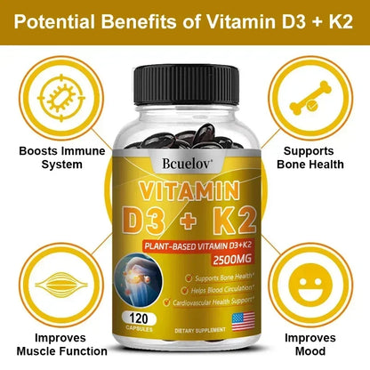 Vitamin D3 + K2 MK-7 - D3 Vitamin Supplement, 2 in 1 Supports Immune, Heart, Joint, Dental & Bone Health - Easily Absorbed