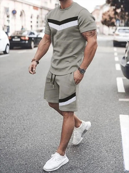 Men's summer striped letter printed soft and breathable round neck T-shirt shorts set, outdoor urban casual two-piece set