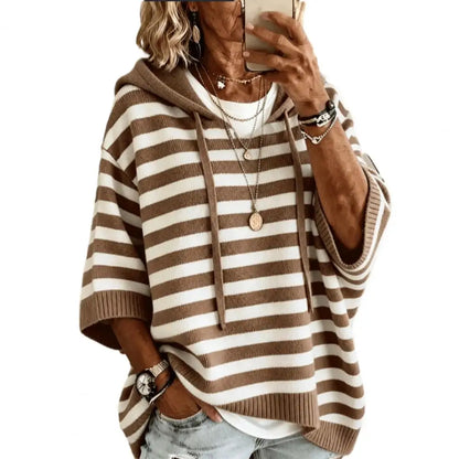 Hooded Pullover Top Women’s Hooded Striped Knit Sweater Loose Half Sleeve Pullover Autumn Winter Drawstring Hoodie for Comfort