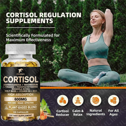 Cortisol Supplement, Hormone Balance, Magnesium, Ashwagandha, Rhodiola, L-Theanine, Vitamin B6 & B12, Mood, Focus, Sleep Support