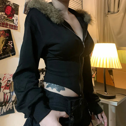 Goth Dark Autumn Winter Faux Fur Collar Solid Hooded Coats Women Casual Slim Waist Zip Hoodies Gothic Jackets Chic Streetwear