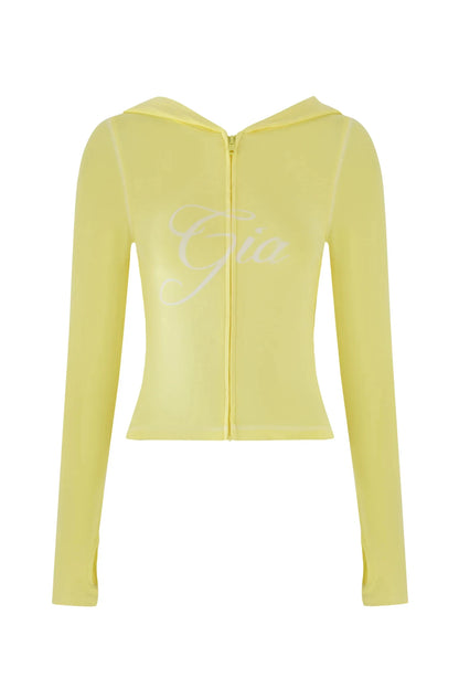 Gia neon pink regular shoulder slim-fit letter print topstitching design slim-fit hooded zip-up short jacket and pants set