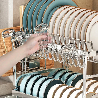Stainless Steel 2 Tier Dish Rack Adjustable Countertop Organizer Bowl Drainer Multifunctional Kitchen Utensil Storage Holder Hom
