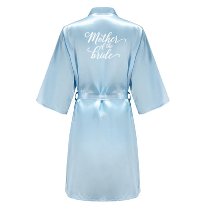 Light Blue Women's Satin Robe Short Kimono for Bride & Bridesmaid With White Letter, Wedding Party Robes