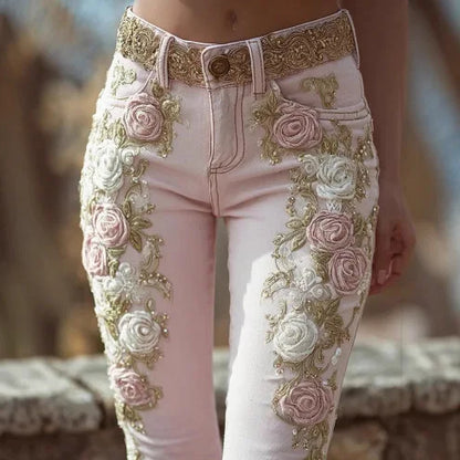 Spring Autumn New Women's High Waist Rose Embroidery Beaded Denim Pants Versatile Comfortable Casual Trendy Commuting Daily Wear