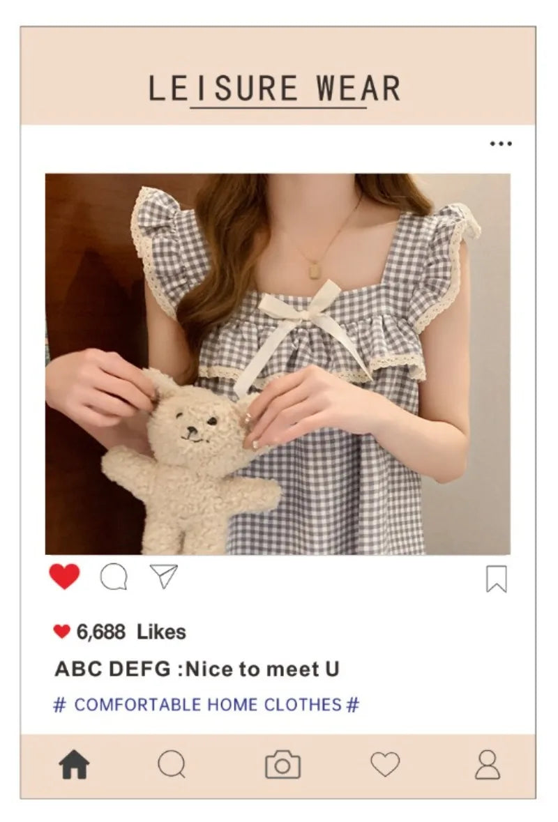 Women Korean Sweet Plaid Bow Design Nightgown with Straps Sleep Dress Cute Summer New Loungewear Y2K Nightgown with Built-in Bra