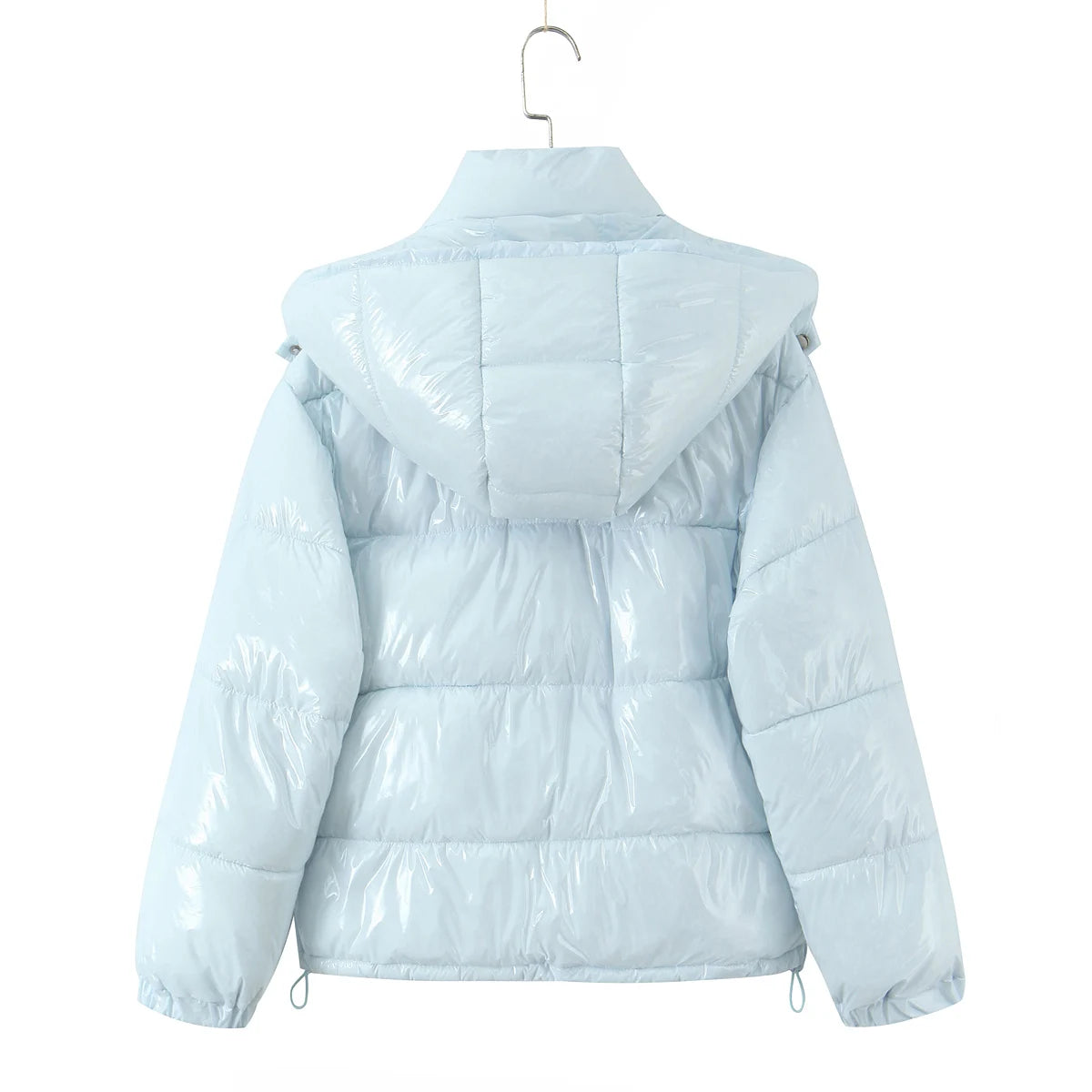 New Winter Fashion Women Bright Light Blue Zipper Up Bread Parka Coat Woman Stand Collar Removable Hooded Long Sleeve Outerwear