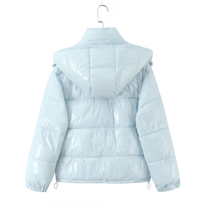 New Winter Fashion Women Bright Light Blue Zipper Up Bread Parka Coat Woman Stand Collar Removable Hooded Long Sleeve Outerwear